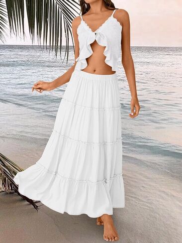 Trendy Queen Long Skirts for Women Boho Maxi Skirt Summer Swing Tiered A-Line Elastic High Waist Dress with Pockets Fashion in Saudi Arabia