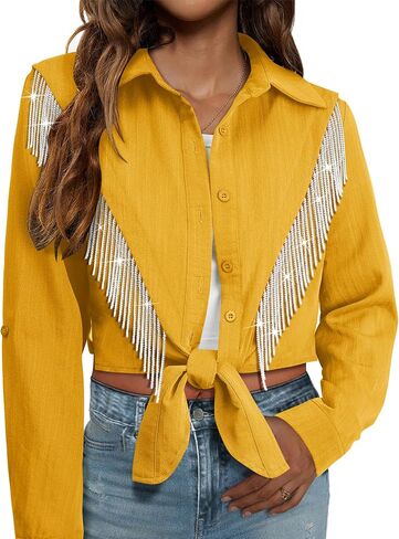 MYMORE Womens Rhinestone Fringe Cropped Button Down Shirt Rolled 3/4 Sleeve Tie Front Top Western Cowgirl Rodeo Outfit in Saudi Arabia