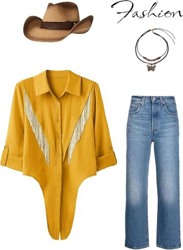 MYMORE Womens Rhinestone Fringe Cropped Button Down Shirt Rolled 3/4 Sleeve Tie Front Top Western Cowgirl Rodeo Outfit in Saudi Arabia