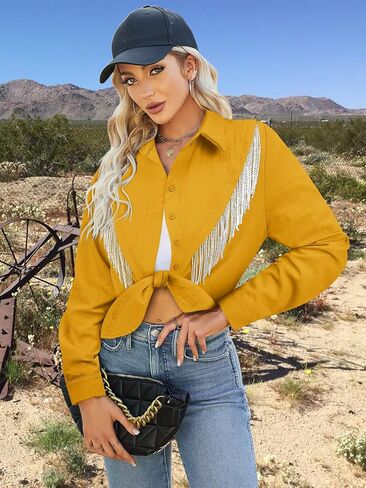 MYMORE Womens Rhinestone Fringe Cropped Button Down Shirt Rolled 3/4 Sleeve Tie Front Top Western Cowgirl Rodeo Outfit in Saudi Arabia