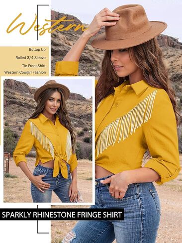 MYMORE Womens Rhinestone Fringe Cropped Button Down Shirt Rolled 3/4 Sleeve Tie Front Top Western Cowgirl Rodeo Outfit in Saudi Arabia