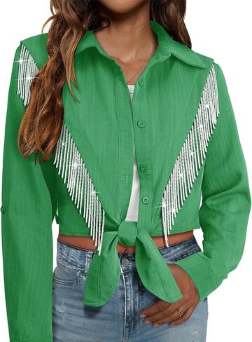 MYMORE Womens Rhinestone Fringe Cropped Button Down Shirt Rolled 3/4 Sleeve Tie Front Top Western Cowgirl Rodeo Outfit in Saudi Arabia