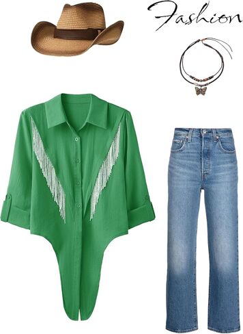 MYMORE Womens Rhinestone Fringe Cropped Button Down Shirt Rolled 3/4 Sleeve Tie Front Top Western Cowgirl Rodeo Outfit in Saudi Arabia