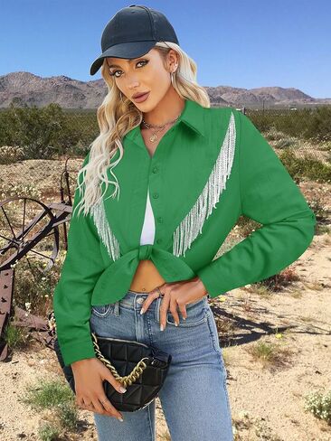 MYMORE Womens Rhinestone Fringe Cropped Button Down Shirt Rolled 3/4 Sleeve Tie Front Top Western Cowgirl Rodeo Outfit in Saudi Arabia