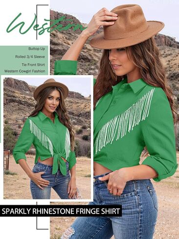 MYMORE Womens Rhinestone Fringe Cropped Button Down Shirt Rolled 3/4 Sleeve Tie Front Top Western Cowgirl Rodeo Outfit in Saudi Arabia