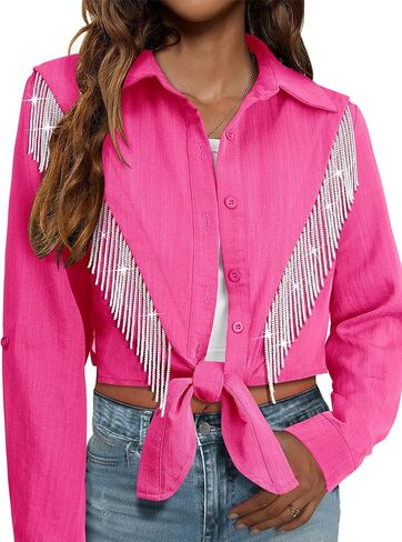 MYMORE Womens Rhinestone Fringe Cropped Button Down Shirt Rolled 3/4 Sleeve Tie Front Top Western Cowgirl Rodeo Outfit in Kuwait