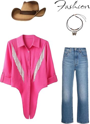 MYMORE Womens Rhinestone Fringe Cropped Button Down Shirt Rolled 3/4 Sleeve Tie Front Top Western Cowgirl Rodeo Outfit in Kuwait