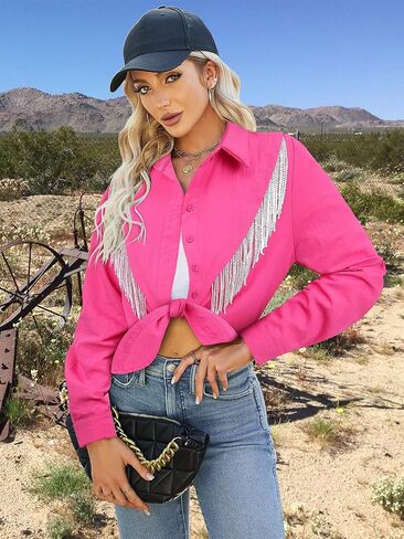 MYMORE Womens Rhinestone Fringe Cropped Button Down Shirt Rolled 3/4 Sleeve Tie Front Top Western Cowgirl Rodeo Outfit in Kuwait