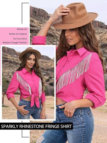 MYMORE Womens Rhinestone Fringe Cropped Button Down Shirt Rolled 3/4 Sleeve Tie Front Top Western Cowgirl Rodeo Outfit in Kuwait