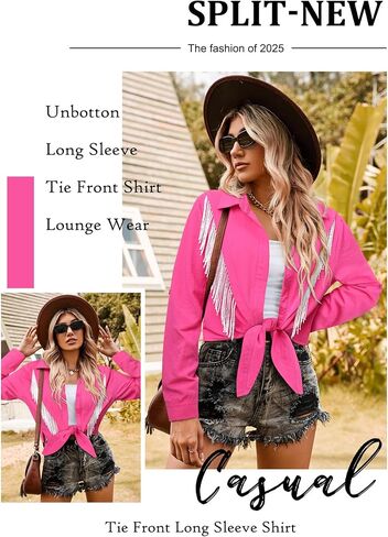 MYMORE Womens Rhinestone Fringe Cropped Button Down Shirt Rolled 3/4 Sleeve Tie Front Top Western Cowgirl Rodeo Outfit in Kuwait