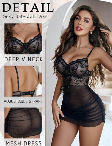 Avidlove Sexy Lingerie for Women Floral Lace Babydoll Mesh Chemise V Neck Nightgown Boudoir Outfits in Kuwait
