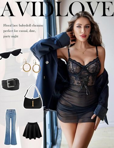 Avidlove Sexy Lingerie for Women Floral Lace Babydoll Mesh Chemise V Neck Nightgown Boudoir Outfits in Kuwait