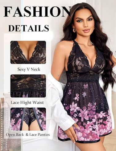 Avidlove Women Lingerie Lace Babydoll Strap Chemise Halter Teddy V Neck Mesh Nightgown in Saudi Arabia