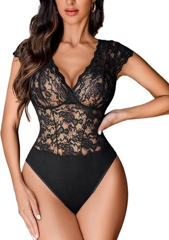 Avidlove Lace Bodysuits for Women Sexy V Neck Sheer Bodysuit Tops Snap Crotch One Piece Teddy in Saudi Arabia