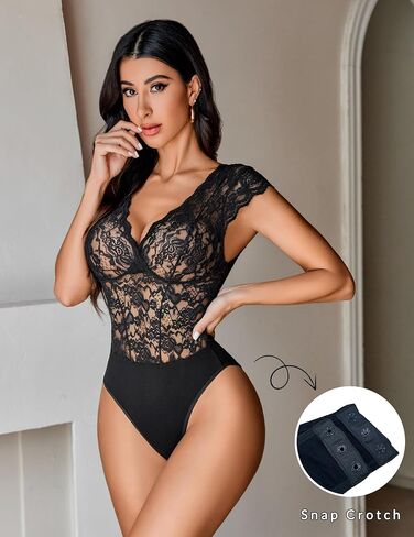 Avidlove Lace Bodysuits for Women Sexy V Neck Sheer Bodysuit Tops Snap Crotch One Piece Teddy in Saudi Arabia