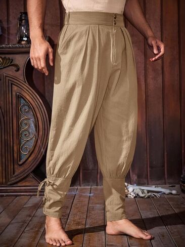 Runcati Mens Medieval Ankle Pants Renaissance Viking Pirate Pants Lace Up Cotton Tapered Halloween Costume Trousers in Saudi Arabia