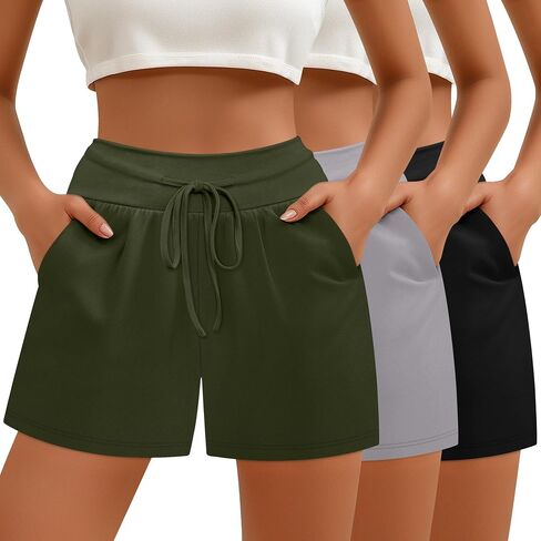 Neer 3 Pack Women's Sweat Shorts, Drawstring Cotton Lounge Shorts Casual Summer Lightweight Soft Athletic Shorts with Pockets in Saudi Arabia