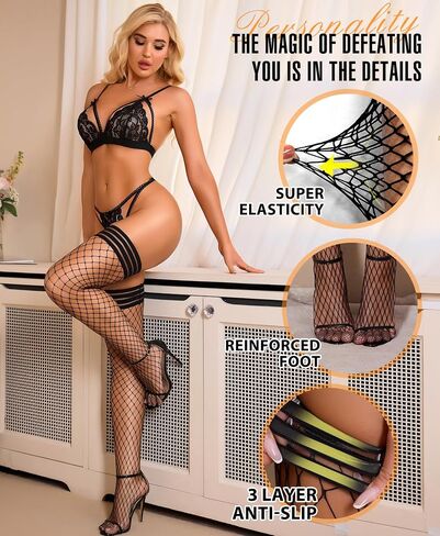 RSLOVE Fishnet Thigh High Stockings - Womens Fishnet Stockings Antiskid Silicone Stay Up Pantyhose Sexy Lingerie for Women in Saudi Arabia