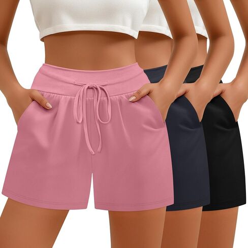 Neer 3 Pack Women's Sweat Shorts, Drawstring Cotton Lounge Shorts Casual Summer Lightweight Soft Athletic Shorts with Pockets in Saudi Arabia
