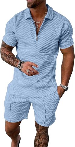 UOUA Mens Summer Track Suits 2 Piece Shorts Sets Short Sleeve Sweatsuit Outfits 1/4 Zip Golf Polo Shirts Loungewear in Saudi Arabia