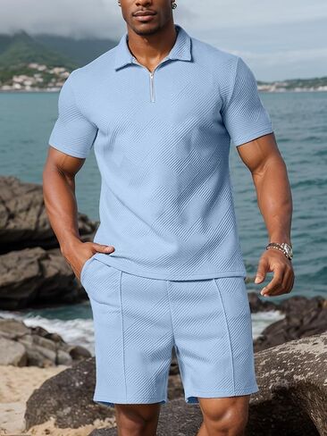 UOUA Mens Summer Track Suits 2 Piece Shorts Sets Short Sleeve Sweatsuit Outfits 1/4 Zip Golf Polo Shirts Loungewear in Saudi Arabia