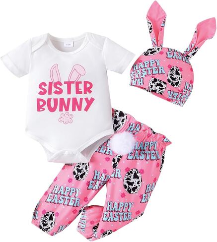 My First Easter Outfits 3Pcs Baby Boys Girls Long/Short Sleeve Bunny Print Romper Tops Pants Set Easter Outfit in Kuwait