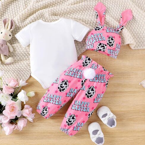 My First Easter Outfits 3Pcs Baby Boys Girls Long/Short Sleeve Bunny Print Romper Tops Pants Set Easter Outfit in Kuwait