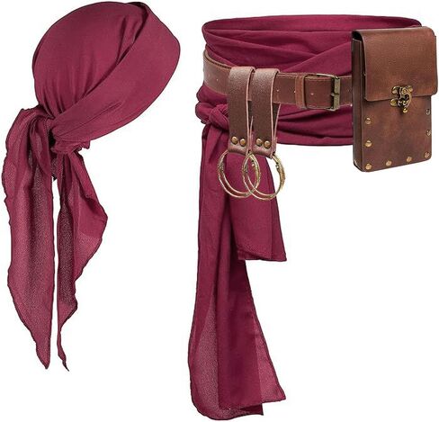 KOTORA Pirate Costume Pirate Head Scarf Bandanas Belt Waist Sash Medieval Belt Pouch Coin Purse Leather Hook Festival Sets in Saudi Arabia