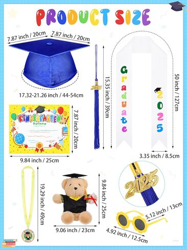 AOTHSO 8Pcs Kindergarten Graduation Cap and Gown Tassel Set 2025 with Stole Bear Certificate for Preschool Kids in Saudi Arabia