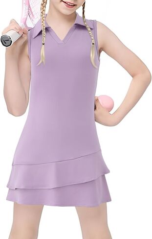 Girls Tennis Dress Sleeveless Golf Outfit V Neck Athletic Dresses with Built-in Shorts and Pockets in Saudi Arabia