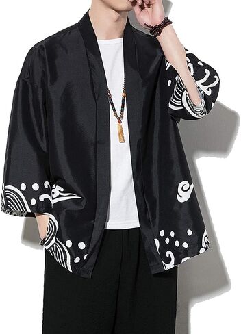 PRIJOUHE Men's Kimono Cardigan Jacket Japanese Style Flying Crane Seven Sleeves Open Front Coat in Saudi Arabia