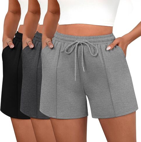 Neer 3 Pack Women's Sweat Shorts, Casual Drawstring Athletic Shorts Summer Lounge Loose Solid Active Short Pants with Pockets in Saudi Arabia