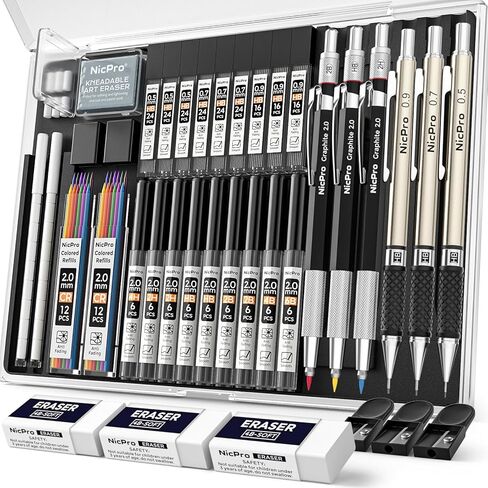 Nicpro 37PCS Art Mechanical Pencil Set, 4PCS Metal Drafting Pencil 0.3mm, 0.5 mm, 0.7 mm, 0.9 mm & 2PCS 2mm Lead Holder (6B 4B 2B HB 2H 4H Colors) For Sketching Drawing With 23 Tube Lead Refills Case in Kuwait