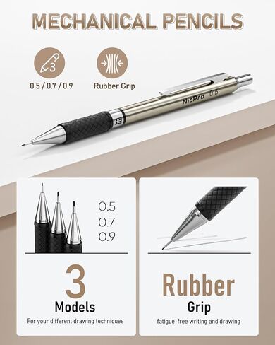 Nicpro 37PCS Art Mechanical Pencil Set, 4PCS Metal Drafting Pencil 0.3mm, 0.5 mm, 0.7 mm, 0.9 mm & 2PCS 2mm Lead Holder (6B 4B 2B HB 2H 4H Colors) For Sketching Drawing With 23 Tube Lead Refills Case in Kuwait