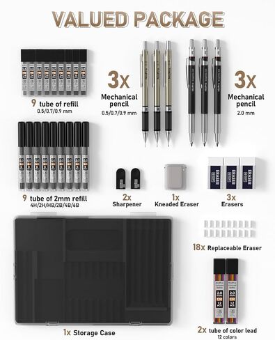 Nicpro 37PCS Art Mechanical Pencil Set, 4PCS Metal Drafting Pencil 0.3mm, 0.5 mm, 0.7 mm, 0.9 mm & 2PCS 2mm Lead Holder (6B 4B 2B HB 2H 4H Colors) For Sketching Drawing With 23 Tube Lead Refills Case in Kuwait