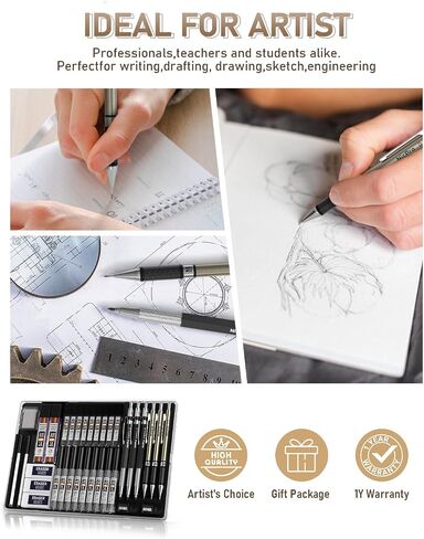 Nicpro 37PCS Art Mechanical Pencil Set, 4PCS Metal Drafting Pencil 0.3mm, 0.5 mm, 0.7 mm, 0.9 mm & 2PCS 2mm Lead Holder (6B 4B 2B HB 2H 4H Colors) For Sketching Drawing With 23 Tube Lead Refills Case in Kuwait