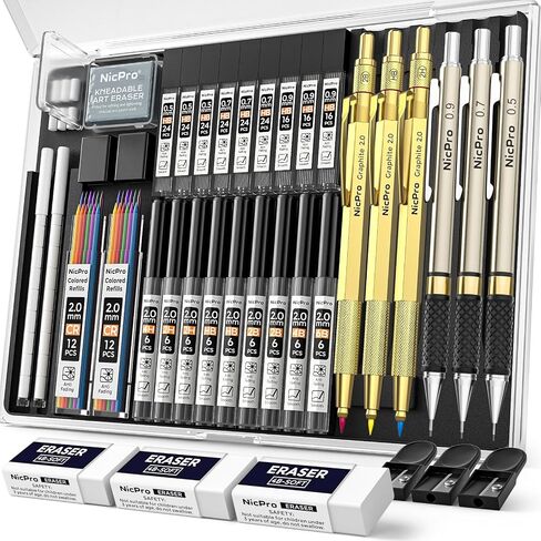 Nicpro 37PCS Art Mechanical Pencil Set, 4PCS Metal Drafting Pencil 0.3mm, 0.5 mm, 0.7 mm, 0.9 mm & 2PCS 2mm Lead Holder (6B 4B 2B HB 2H 4H Colors) For Sketching Drawing With 23 Tube Lead Refills Case in Kuwait