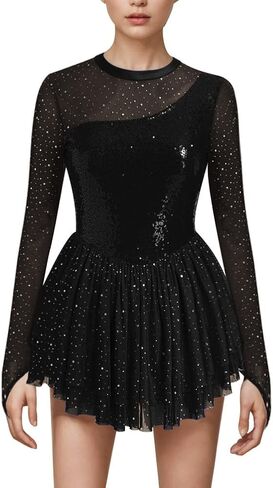 ODASDO Figure Skating Dress for Women Mesh Long Sleeve Sparkly Sequin Rhinestones Skirted Leotard Gym Ballet Dancewear in Saudi Arabia