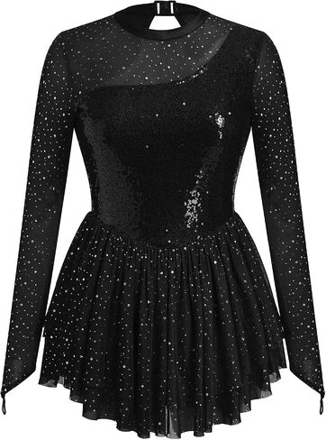 ODASDO Figure Skating Dress for Women Mesh Long Sleeve Sparkly Sequin Rhinestones Skirted Leotard Gym Ballet Dancewear in Saudi Arabia