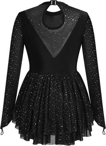 ODASDO Figure Skating Dress for Women Mesh Long Sleeve Sparkly Sequin Rhinestones Skirted Leotard Gym Ballet Dancewear in Saudi Arabia