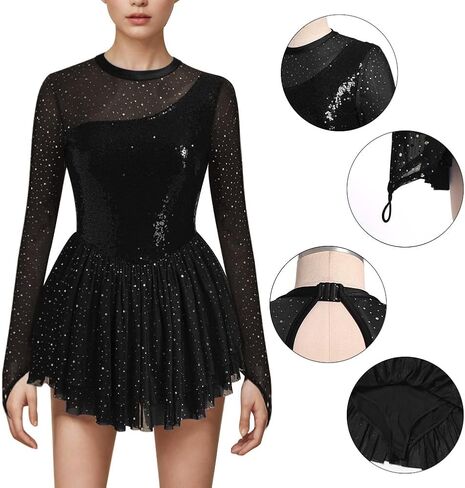 ODASDO Figure Skating Dress for Women Mesh Long Sleeve Sparkly Sequin Rhinestones Skirted Leotard Gym Ballet Dancewear in Saudi Arabia