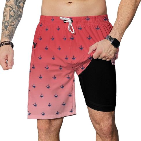 Mens Swim Trunks with Compression Liner 9 Inch Swimming Trunks Board Shorts with Zipper Pockets in Saudi Arabia