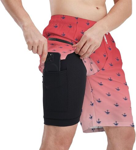 Mens Swim Trunks with Compression Liner 9 Inch Swimming Trunks Board Shorts with Zipper Pockets in Saudi Arabia