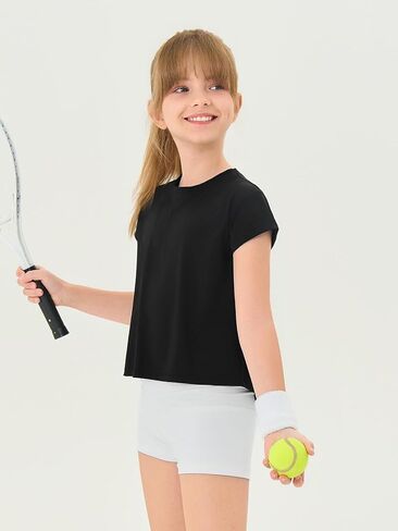 Haloumoning Girls Loose Athletic Shirts Short Sleeve Crop Tops Kids Quick Dry Gym Yoga Tees 5-14 Years in Kuwait