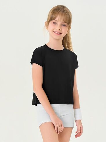 Haloumoning Girls Loose Athletic Shirts Short Sleeve Crop Tops Kids Quick Dry Gym Yoga Tees 5-14 Years in Kuwait