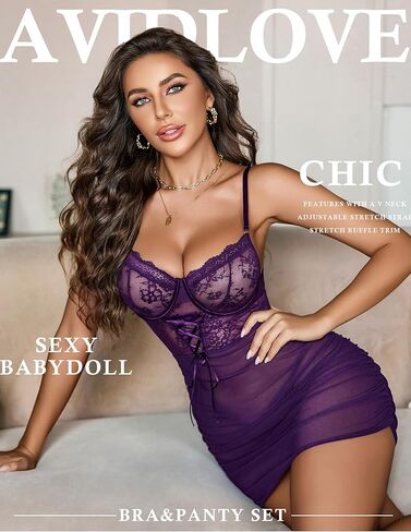 Avidlove الملابس الداخلية للنساء من الدانتيل الزهور Nightear v الرقبة Babydoll Chemise Sexy Boudoir Outfits in Kuwait