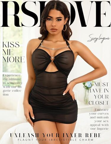 RSLOVE Women’s Lingerie Mesh Babydoll Dress - Pleated Chemise Nightgown with Adjustable Halter Neck & Chain Detail in Kuwait