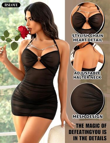 RSLOVE Women’s Lingerie Mesh Babydoll Dress - Pleated Chemise Nightgown with Adjustable Halter Neck & Chain Detail in Kuwait