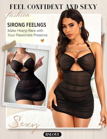 RSLOVE Women’s Lingerie Mesh Babydoll Dress - Pleated Chemise Nightgown with Adjustable Halter Neck & Chain Detail in Kuwait