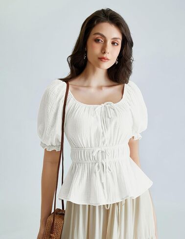 Scarlet Darkness Women Tie Front Tops Renaissance Puff Sleeve Blouse Peasant Peplum Shirts in Saudi Arabia
